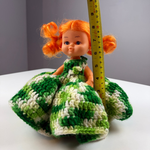 Vintage 70's - 80's Doll with Orange Hair and Green & White Crocheted Dress - Picture 6 of 9